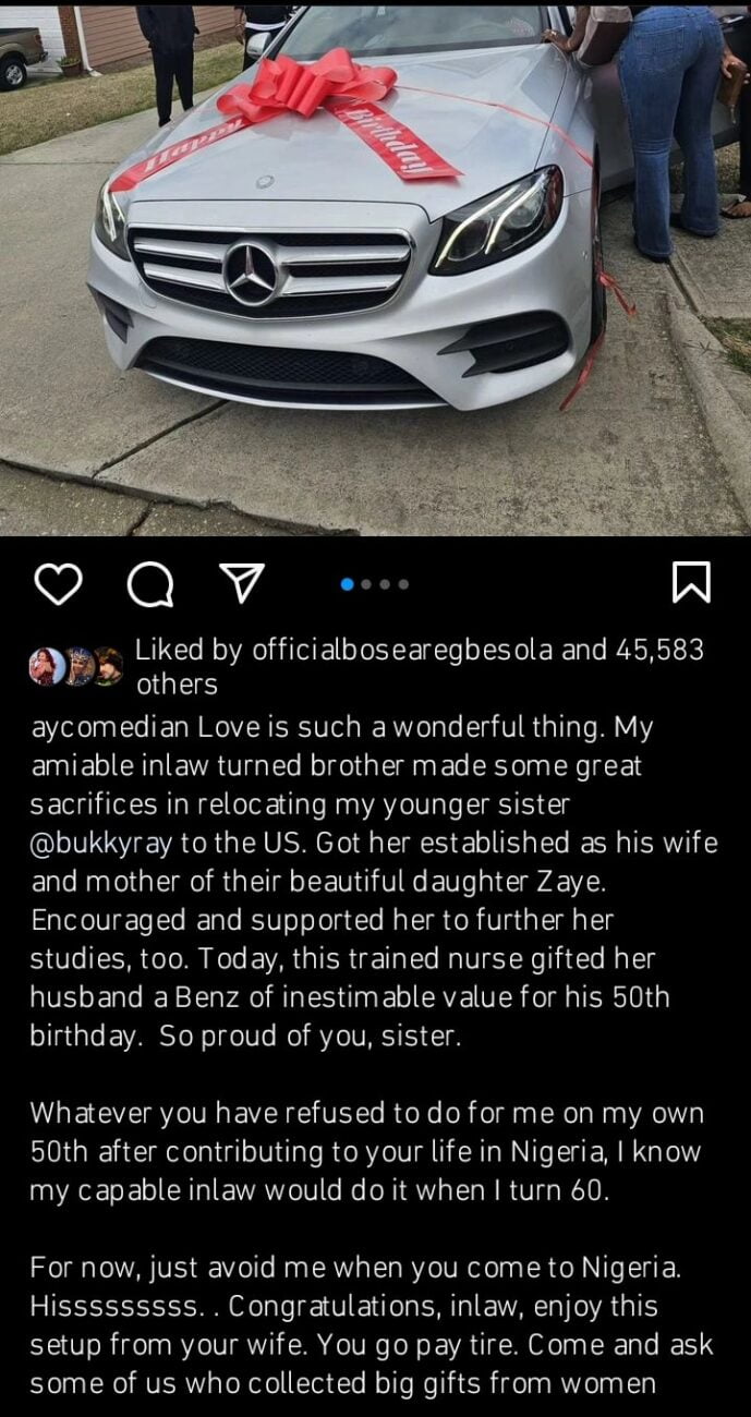 Ayo Makun blows hot as sister gifts her husband a car
