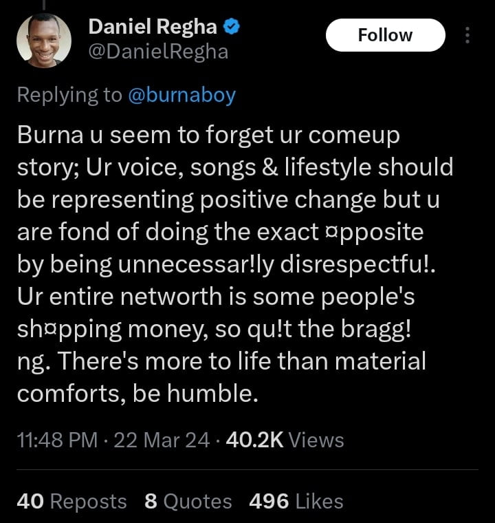 Daniel Regha slams Burna Boy over his bragging