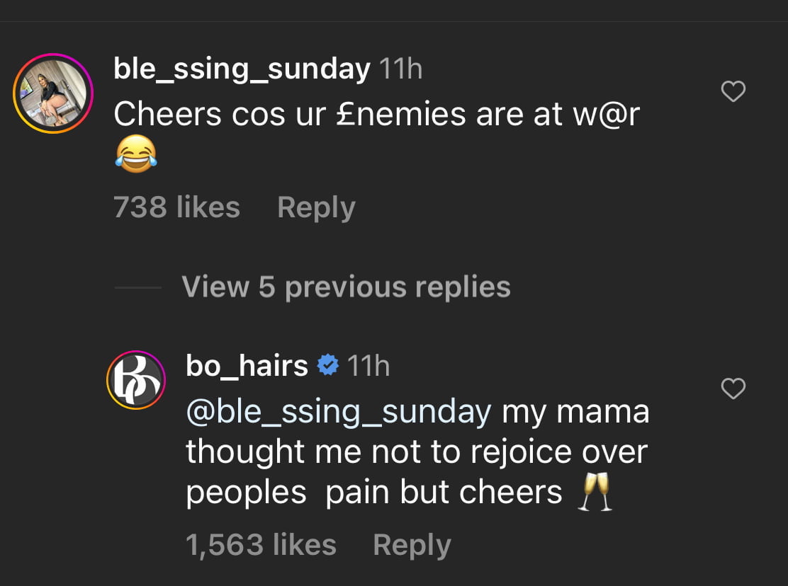 Bo Hairs responds to a comment about celebrating her enemies.