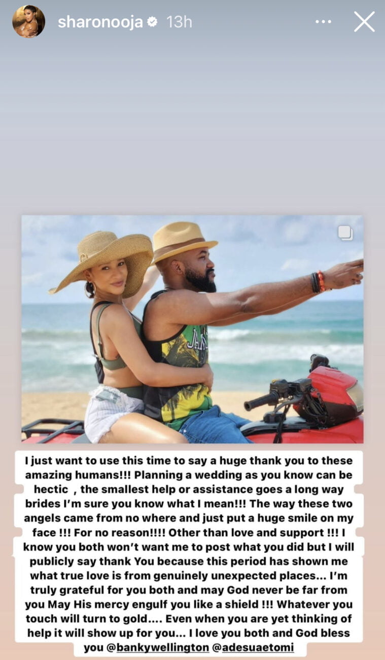Sharon Ooja heaps praises on Adesua Etomi and Banky W for helping with her wedding preparations.