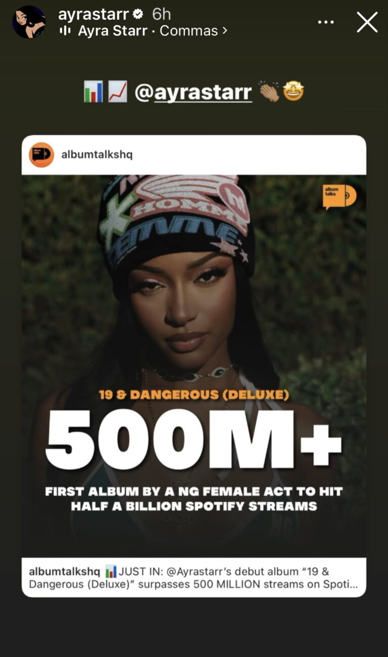 Ayra Starr celebrates half a billion views on her 19 and Dangerous album.