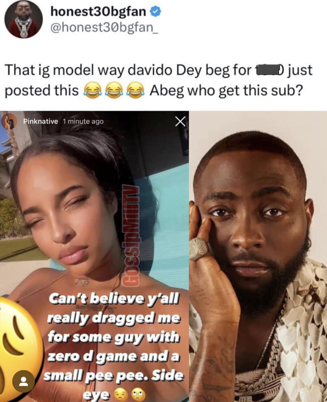 Davido’s ex-girlfriend taunts him for having a small ‘pee pre’.