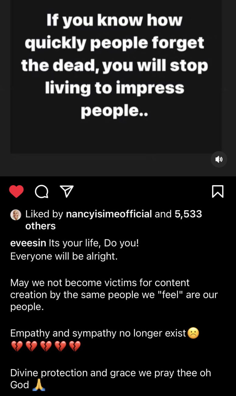 Eve Esin laments about people people using Junior Pope’s death to create content.