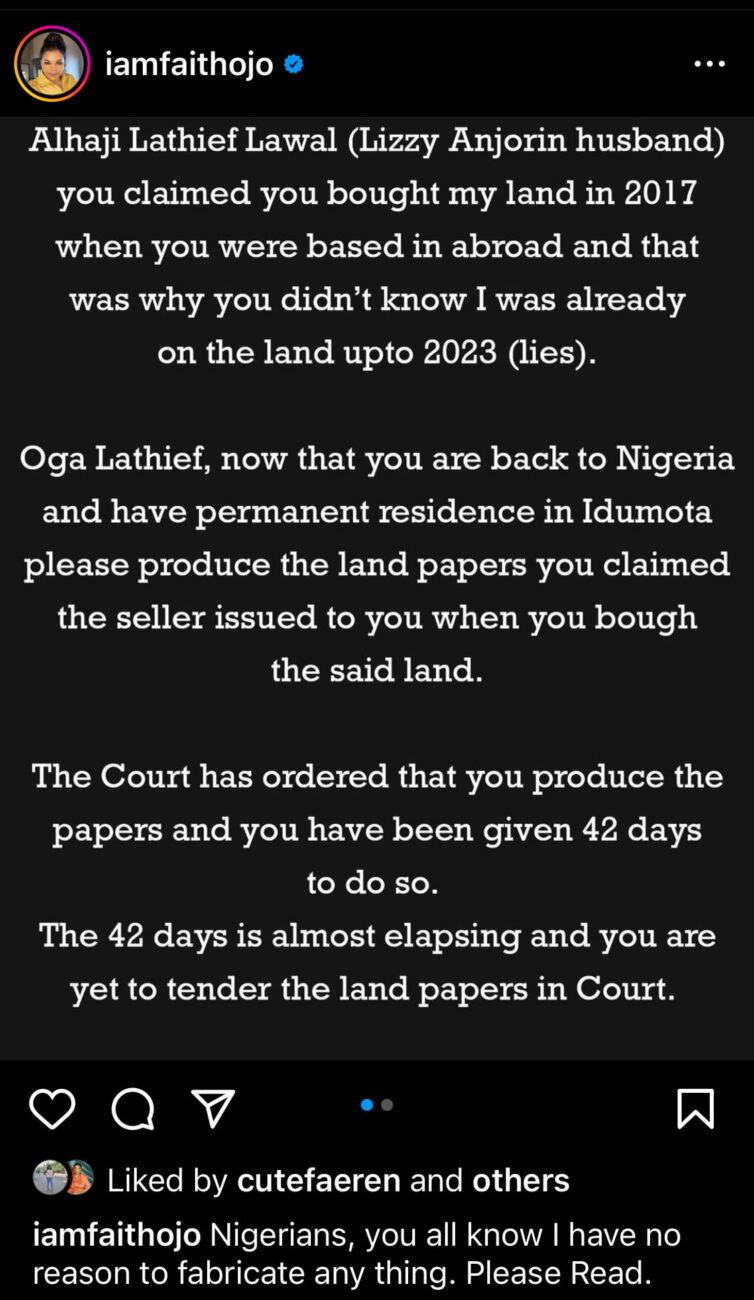 Faith Ojo calls out Lizzy Anjorin and her husband over land theft. 