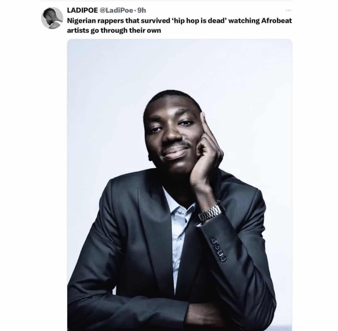 Ladipoe’s tweet talking about Afro beats artists.