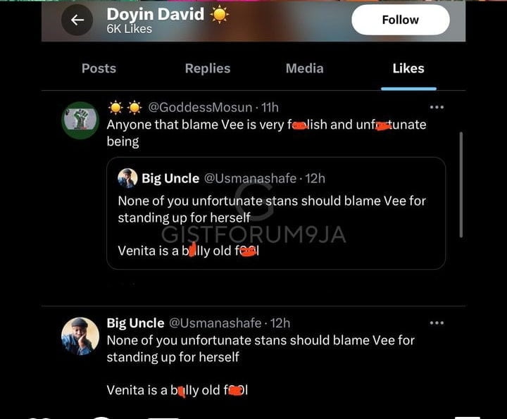 Doyin likes tweet defending Vee Iye