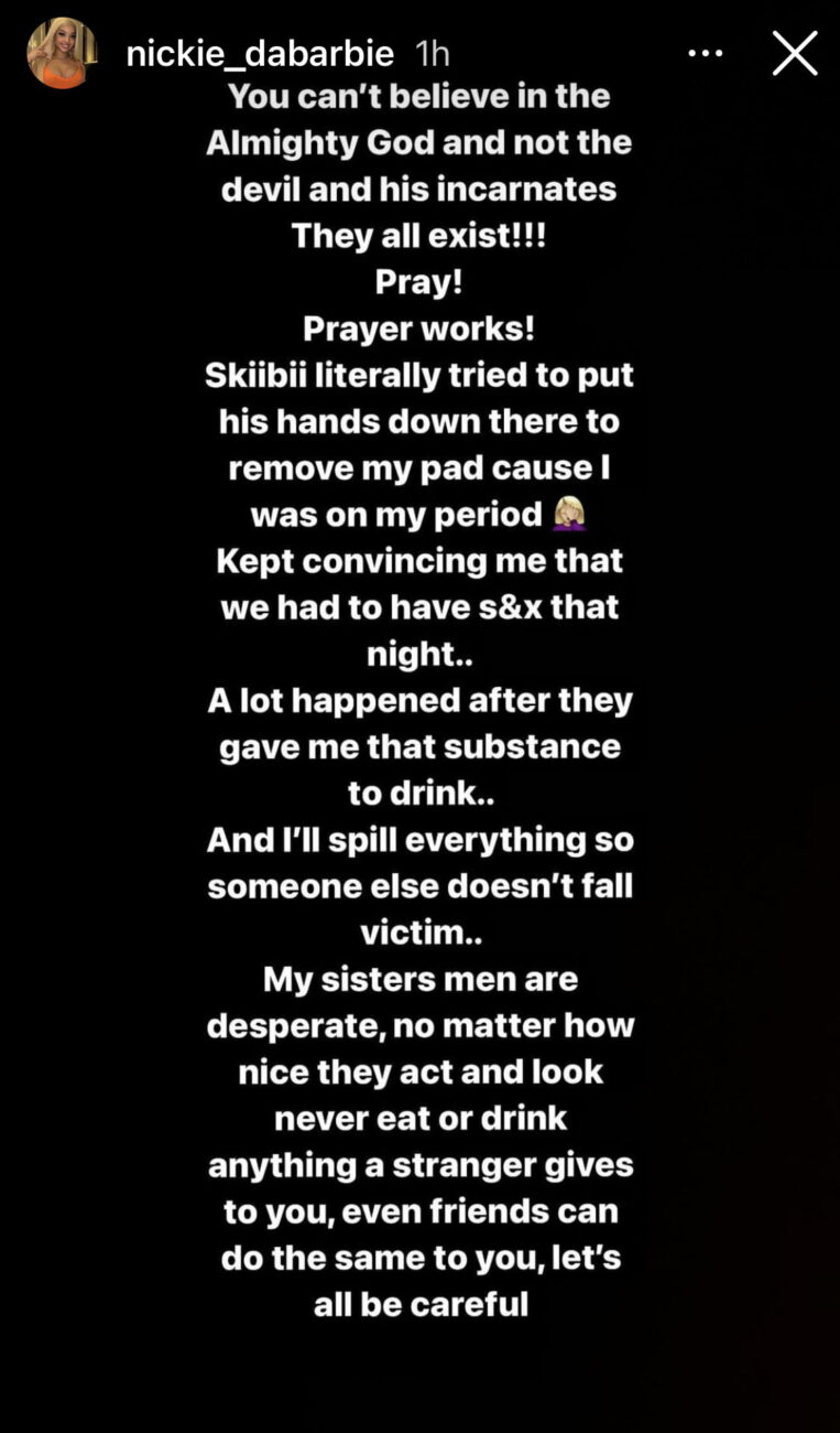 Nickie dabarbie accuses Skiibii of trying to sleep with her when she was on her period.