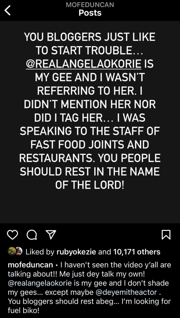 Mofe Duncan clears the air on his alleged beef with Angels Okorie.