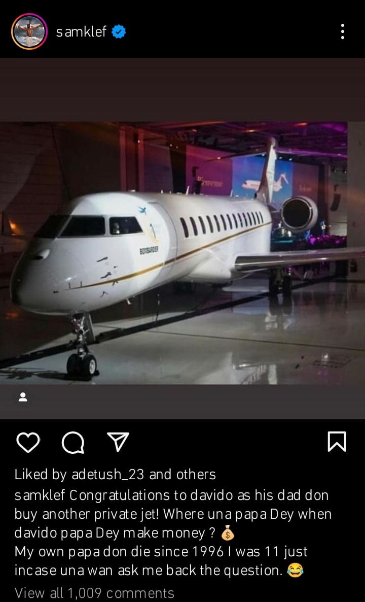 Samklef makes clarification on Davido's new private jet