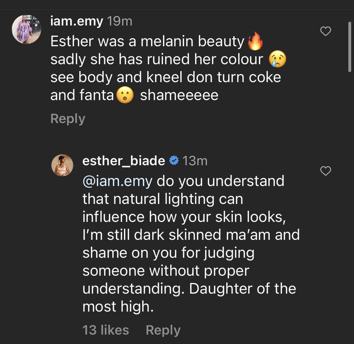 Esther Biade claps back at a netizen for accusing her of bleaching.