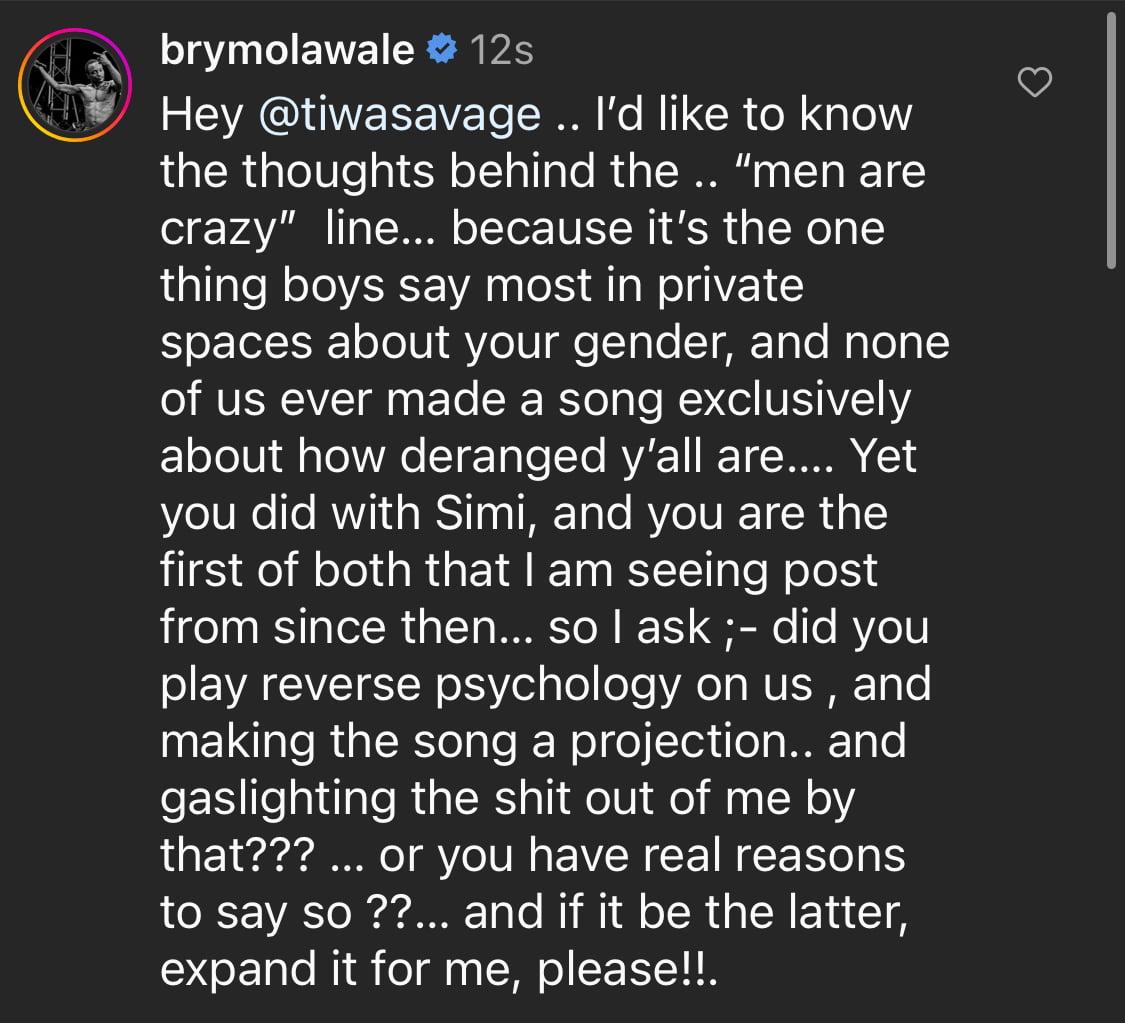 Brymo quizzes Tiwa Savage about her song with Simi.