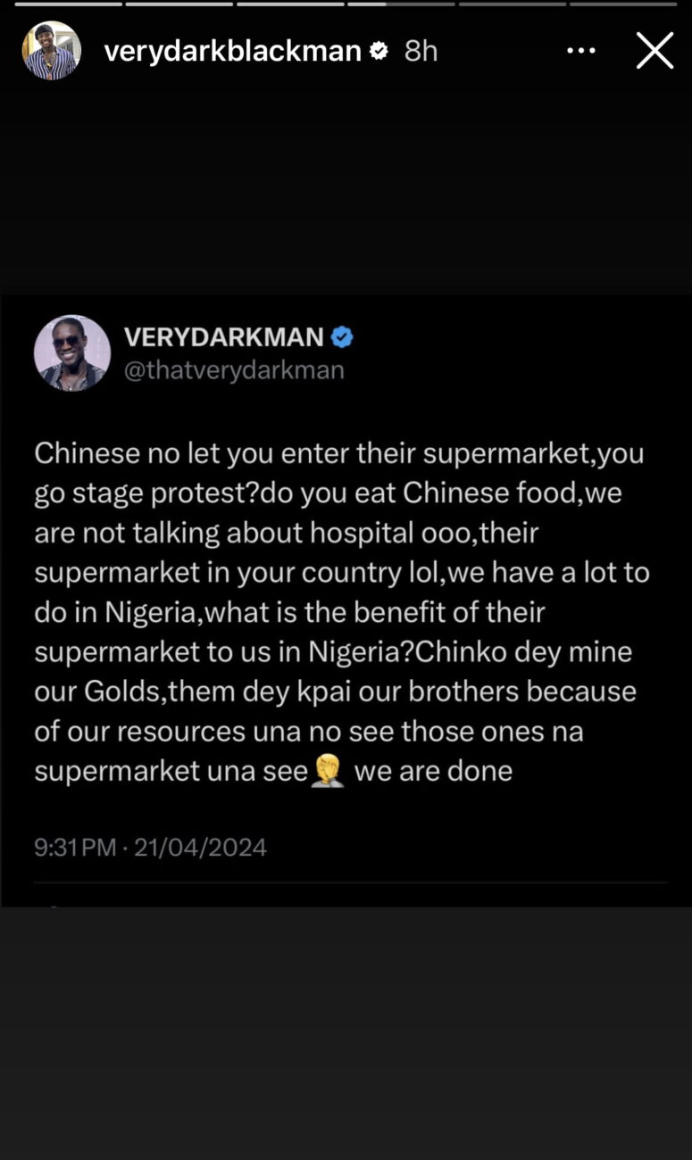 Very Dark Man chastises Nigerians for protesting at an only-Chinese supermarket.