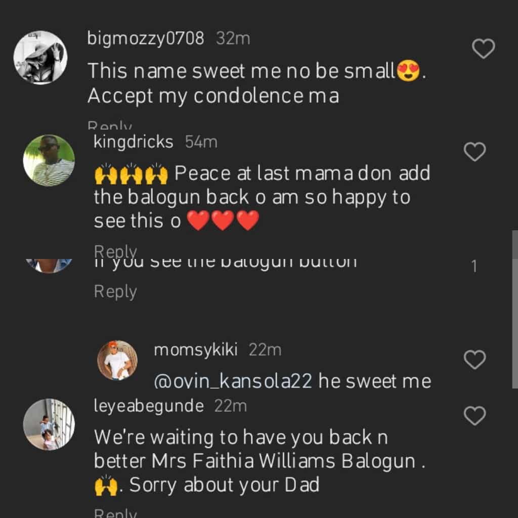 Reactions as Faithia Williams adds Balogun to her name