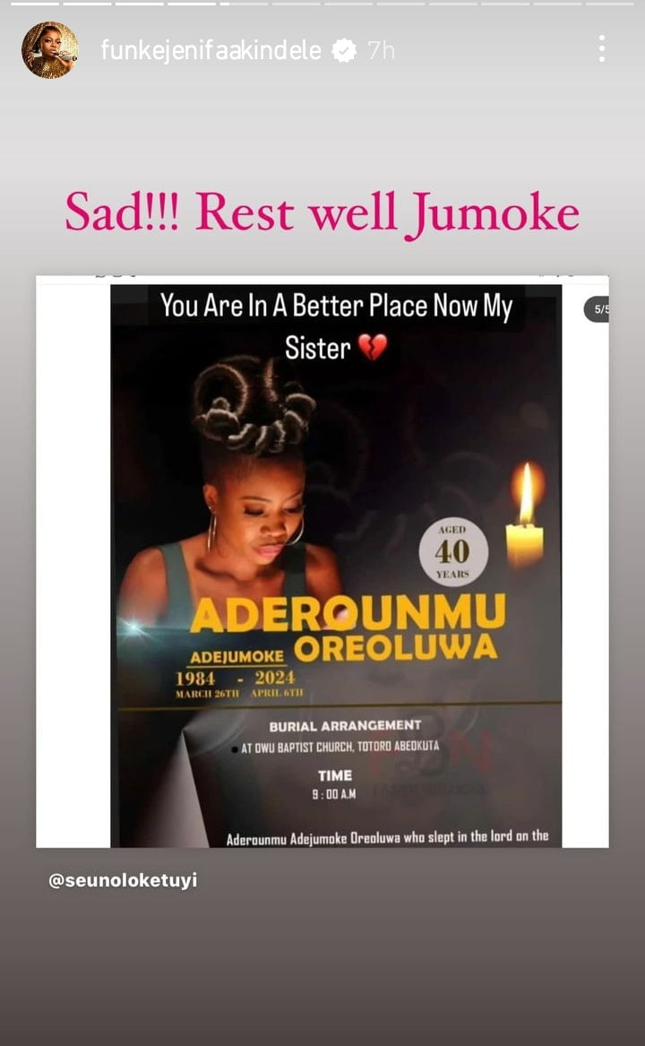 Funke Akindele mourns Late Jumoke Aderounmu