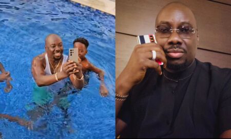 Netizens react as Obi Cubana dunks a phone worth millions into a pool.