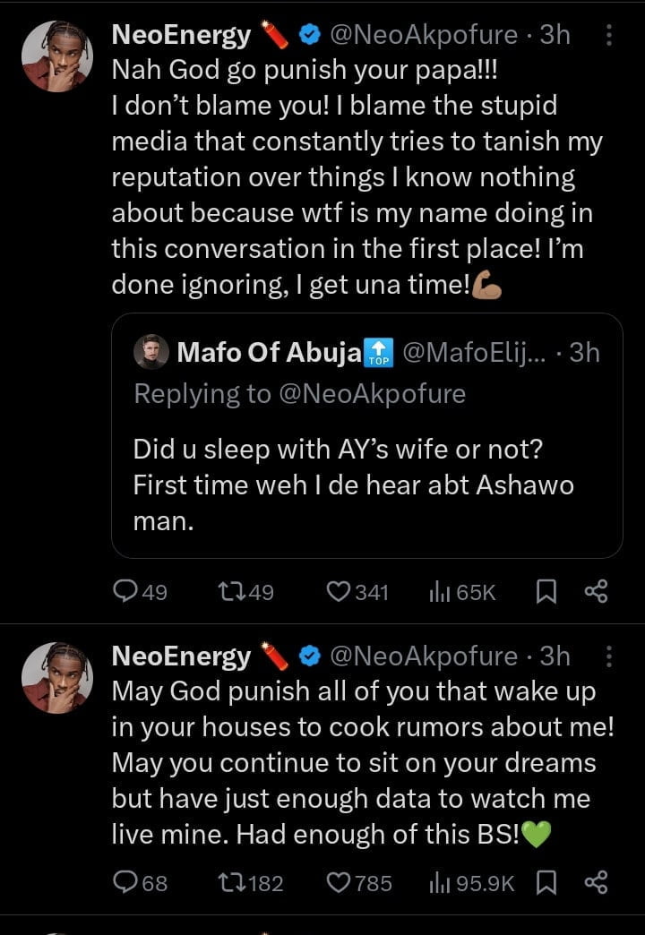 Neo Akpofure slams man over claims of sleeping with AY's wife