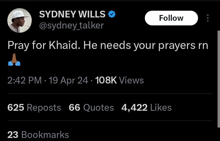 Sydney calls for prayers for Khaid