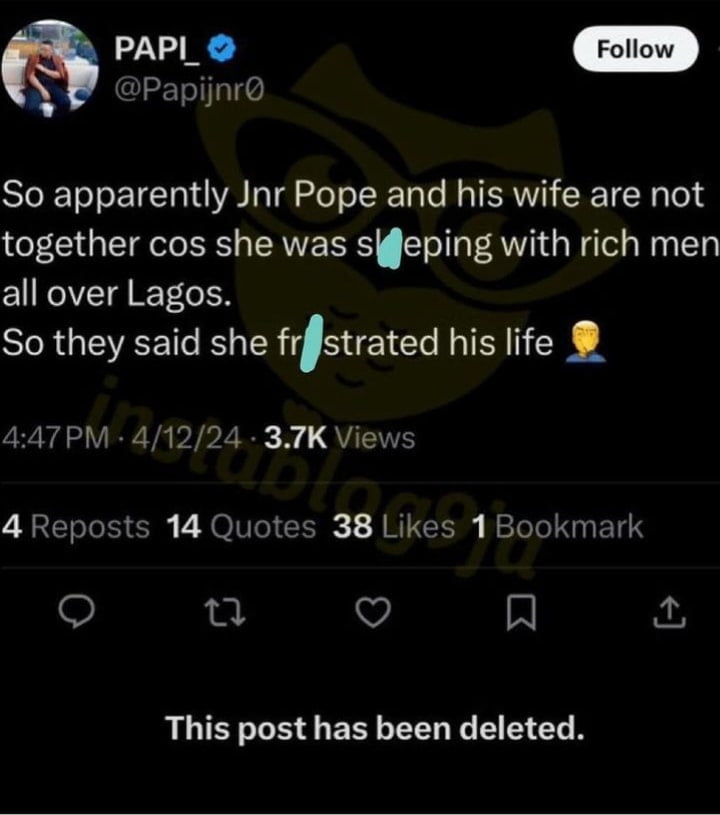 Twitter user accuses Junior Pope's wife of sleeping with rich men
