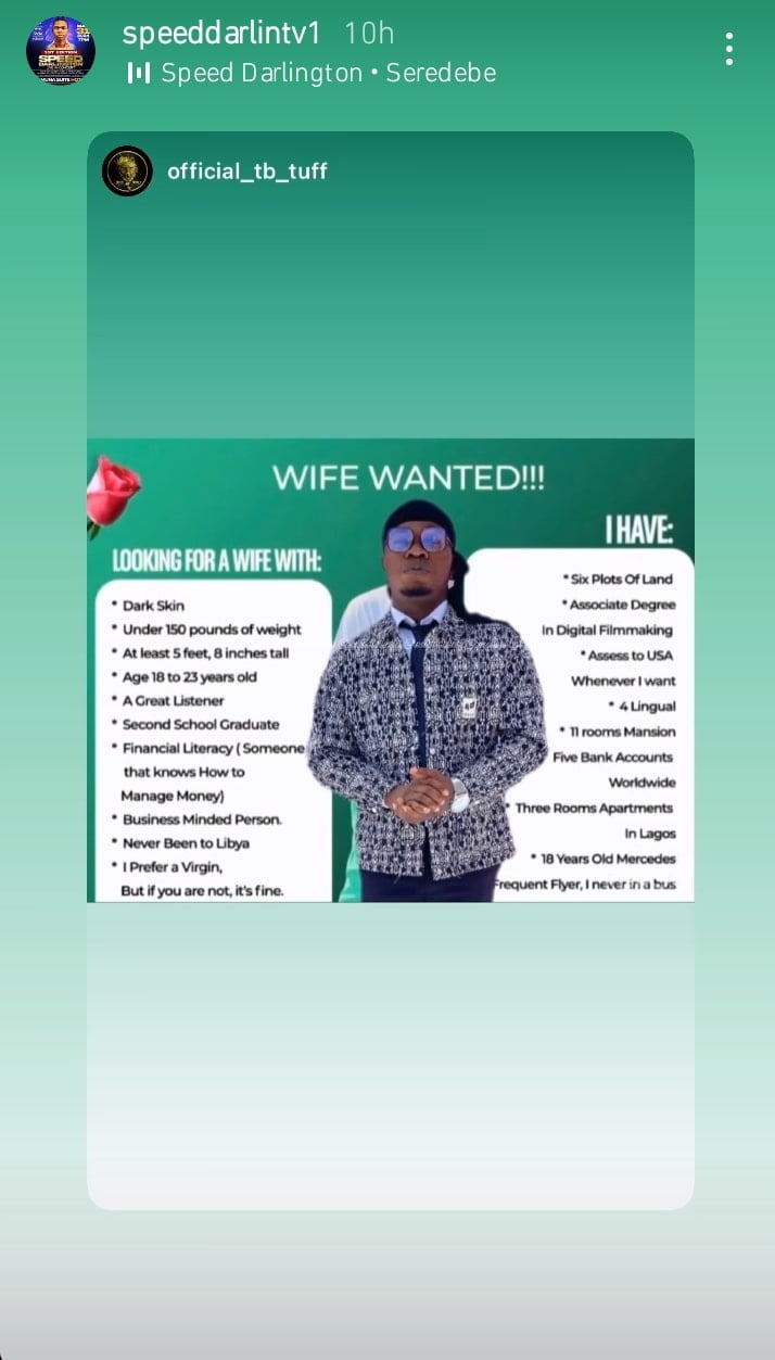 Speed Darlington lists qualities in a wife