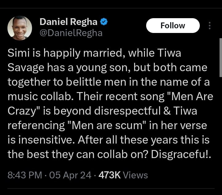 Daniel Regha criticizes Tiwa Savage and Simi's new collaboration
