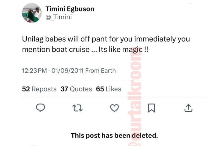 Timini Egbuson makes degrading tweet about Unilag girls