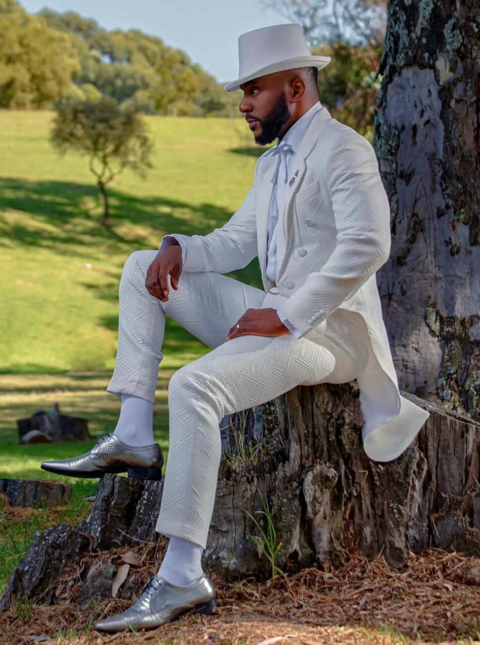 Ebuka in a white medieval tailcoat.