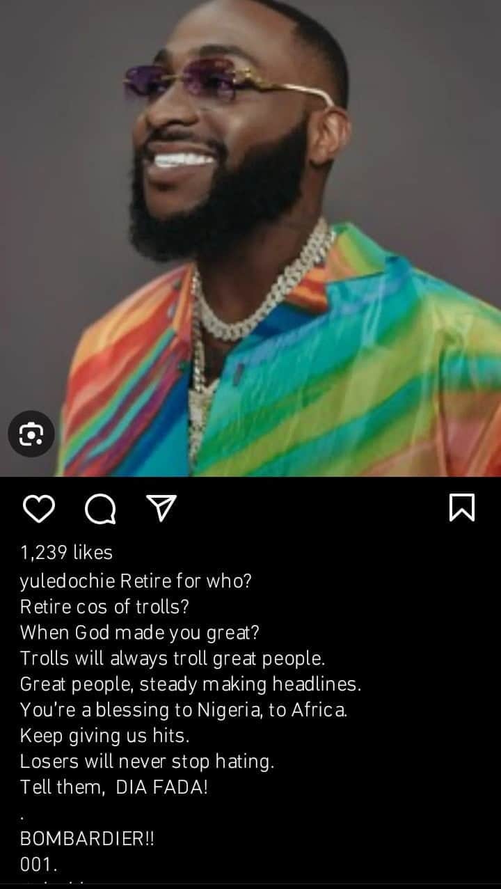 Yul Edochie writes message to Davido against quitting music