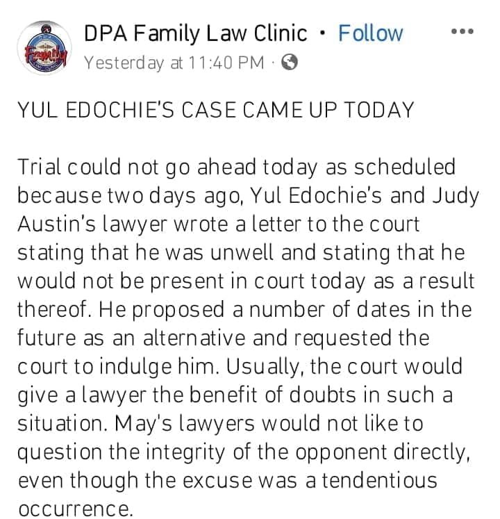 Yul Edochie's lawyer absent in court